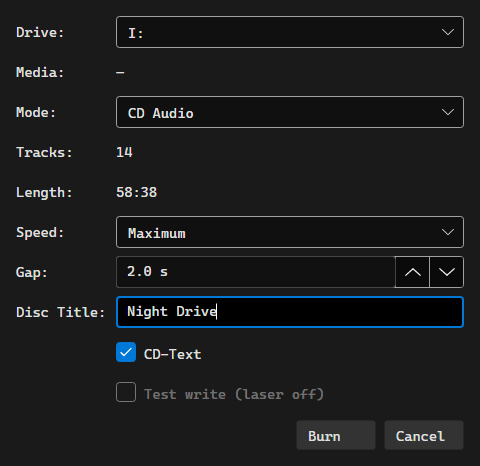 The Burn Disc dialog