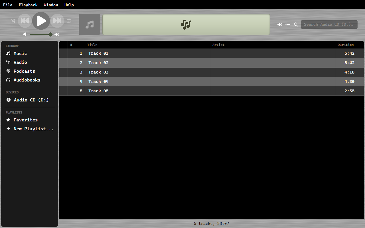 The inserted CD appears in the sidebar with its track list