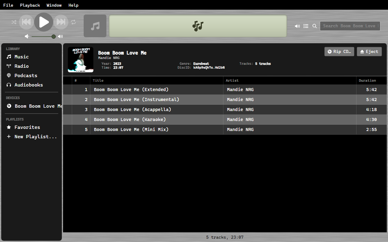 Track titles, artist, album, and cover art populated from MusicBrainz