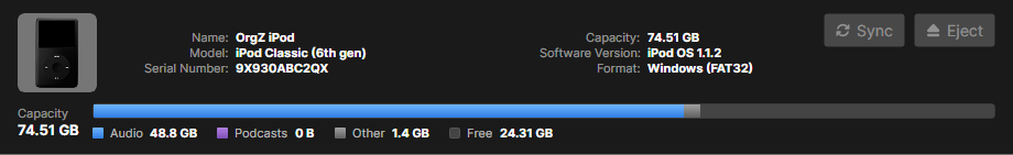 A connected iPod in the sidebar with its info bar and capacity