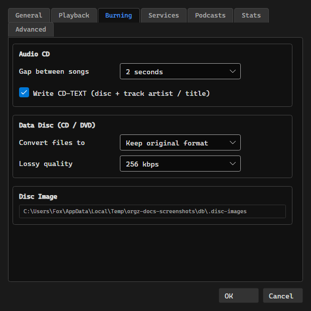Burning settings