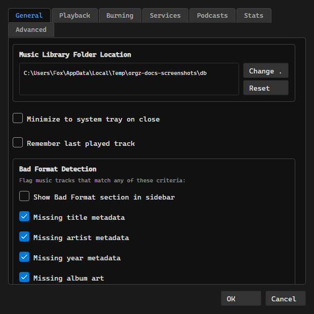 The Settings dialog